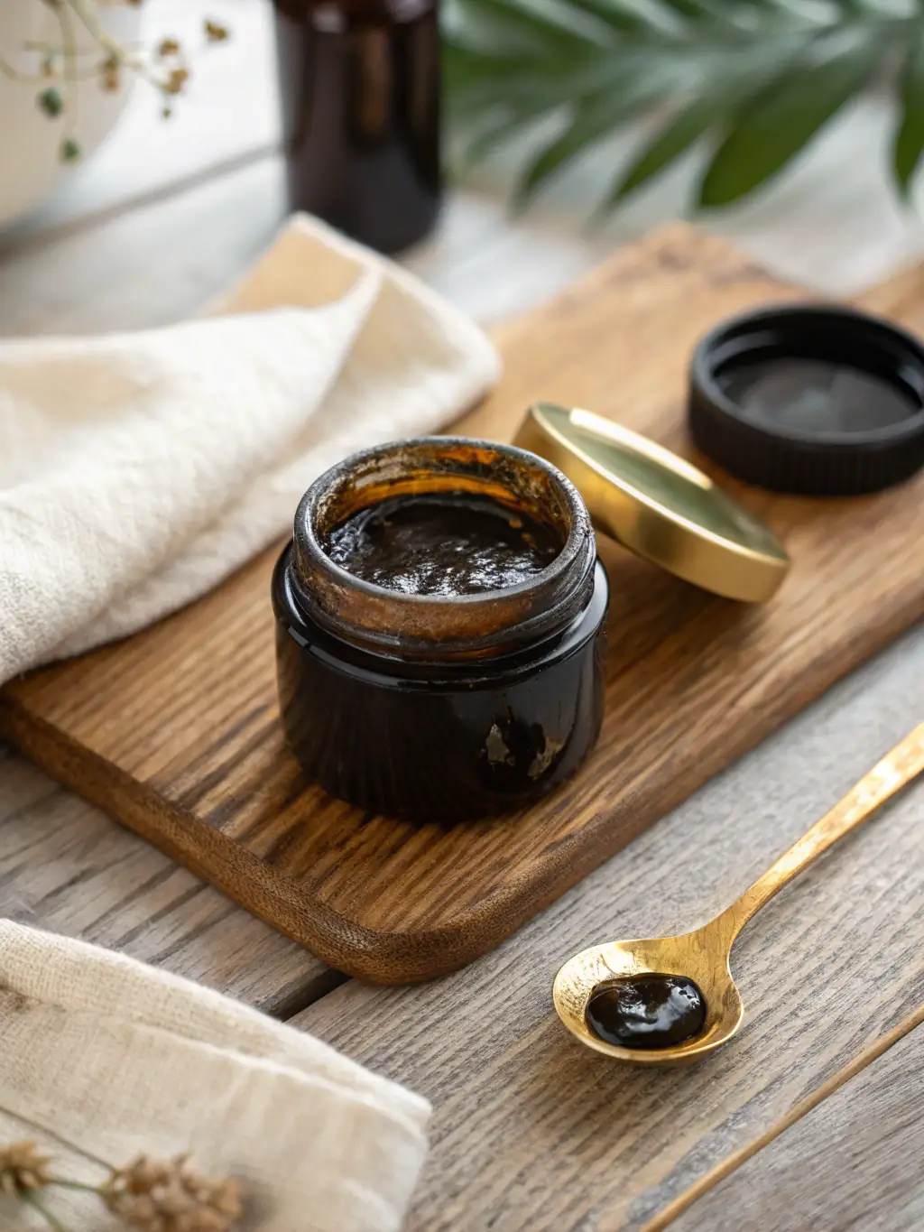 A close-up shot of pure shilajit resin, highlighting its dark color and glossy texture, emphasizing its natural form and potency.